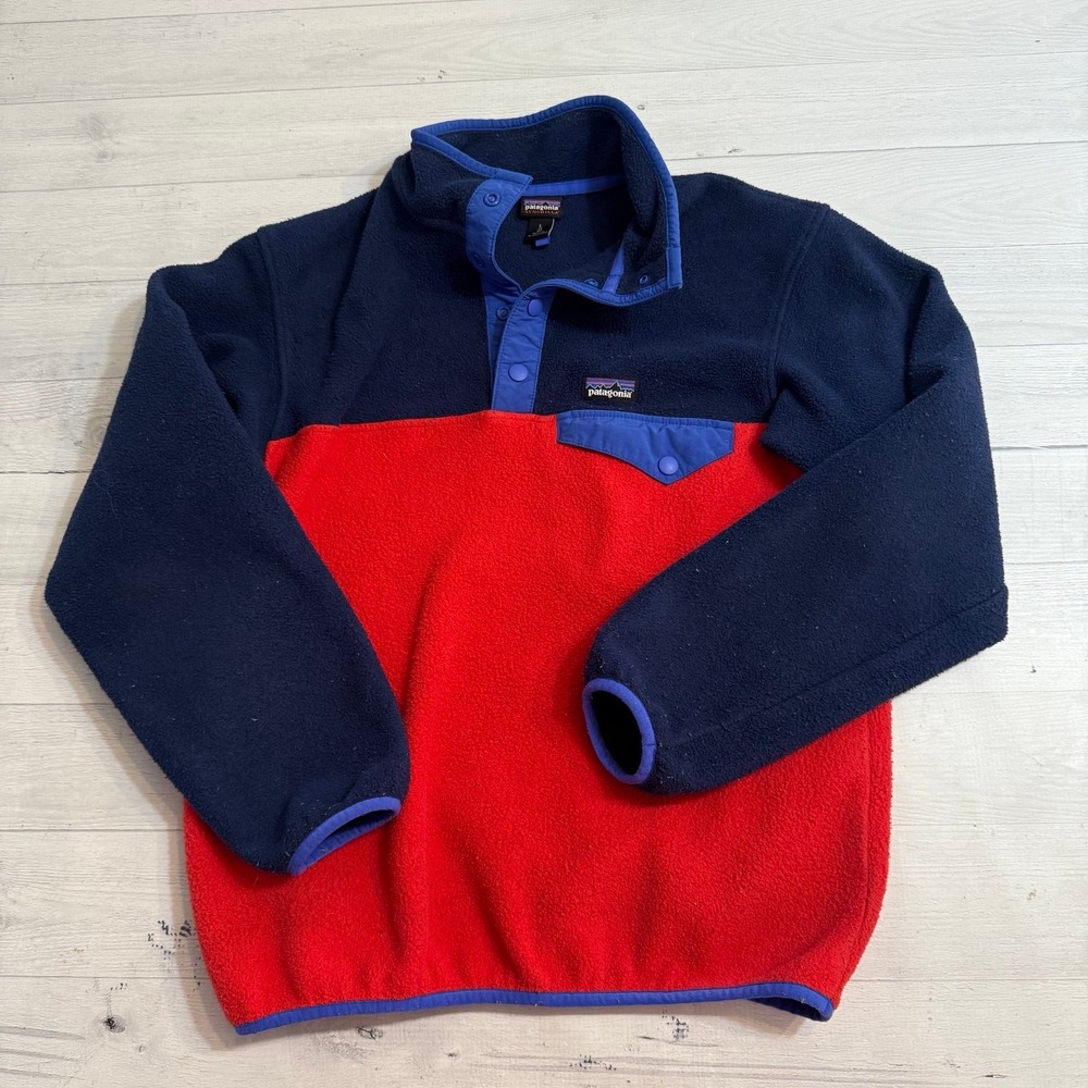 Patagonia synchilla snap-t kids navy blue and red pullover sweatshirt size 12